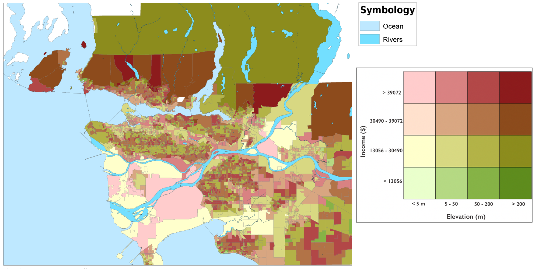 Bivariate Choropleth map of Income and Elevation